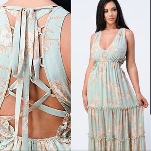 Floral Sage Green Cream Lace-Up Cut-Out Ruffle Vintage Renaissance Maxi Dress